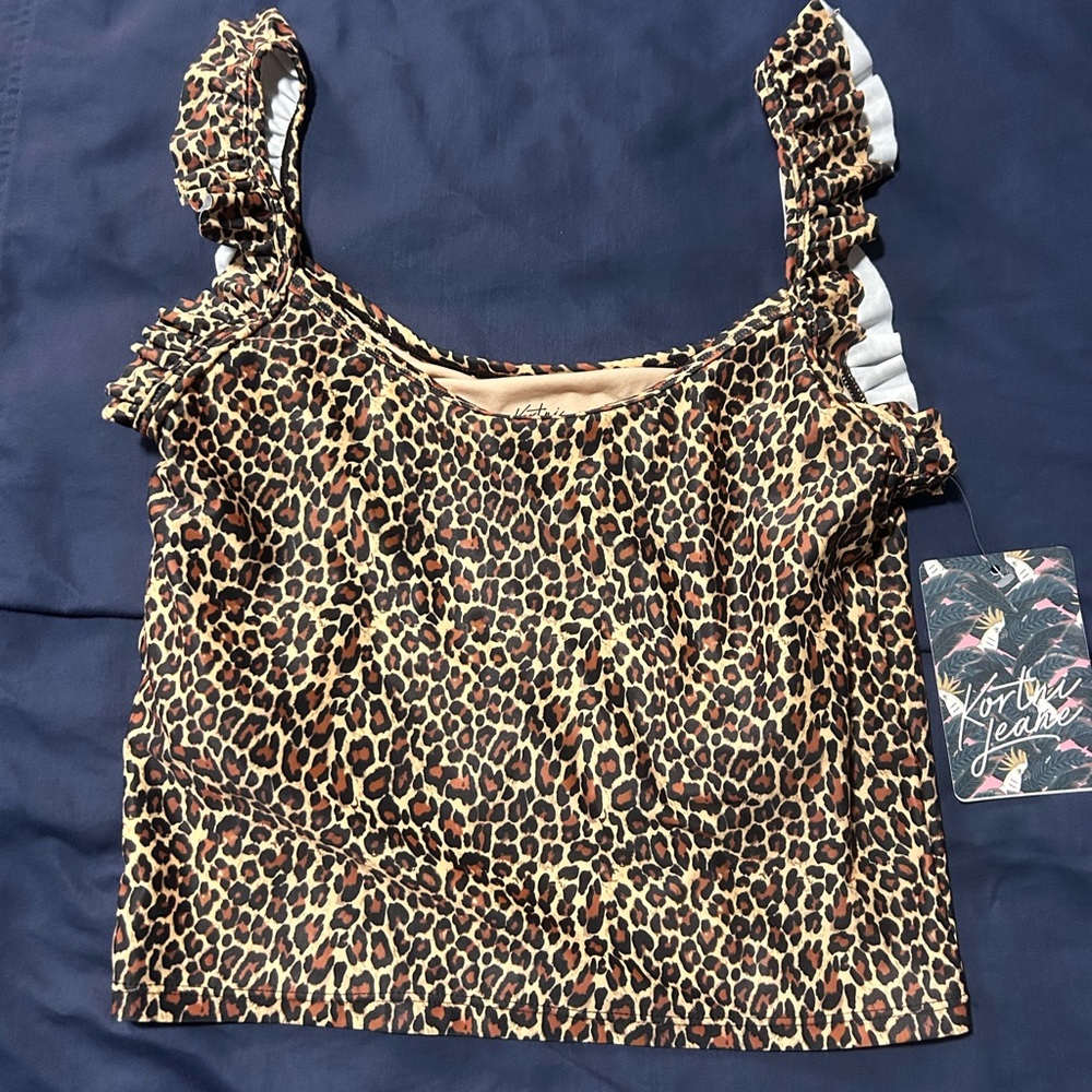 Kortni Jeane Leopard Ruffle Strap Swim Top- Brown/Tan
